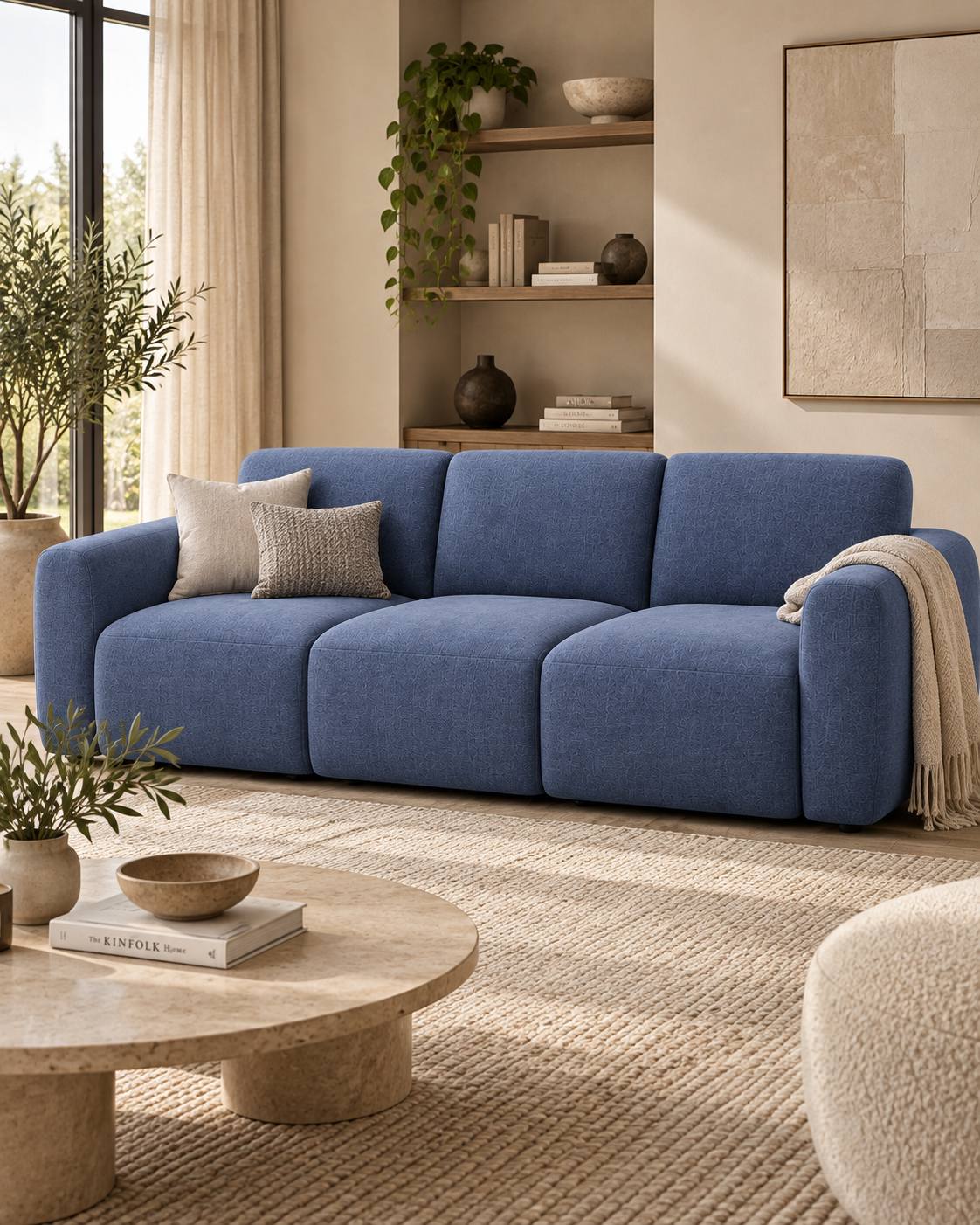 Blue three-seater sofa handcrafted in Kenya, with rounded arms and textured upholstery, styled on a woven rug
