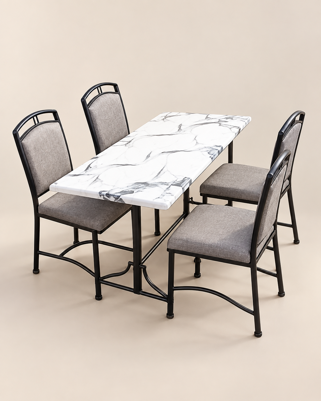Rectangular metal dining table from Kenya with white marbled top, black curved frame and four grey upholstered chairs