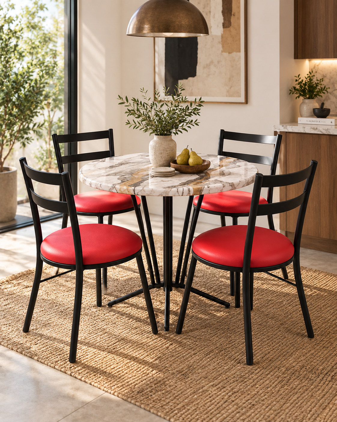 Round marble-top dining set from Kenya with black metal legs and four chairs with red round seats on a jute rug