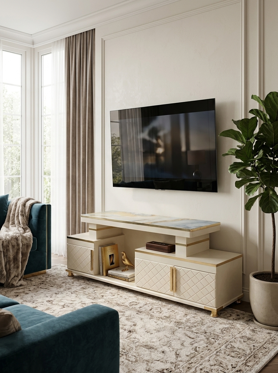 Ivory sideboard handmade in Kenya with marble top, diamond-quilted doors and gold trim, set below a wall-mounted TV