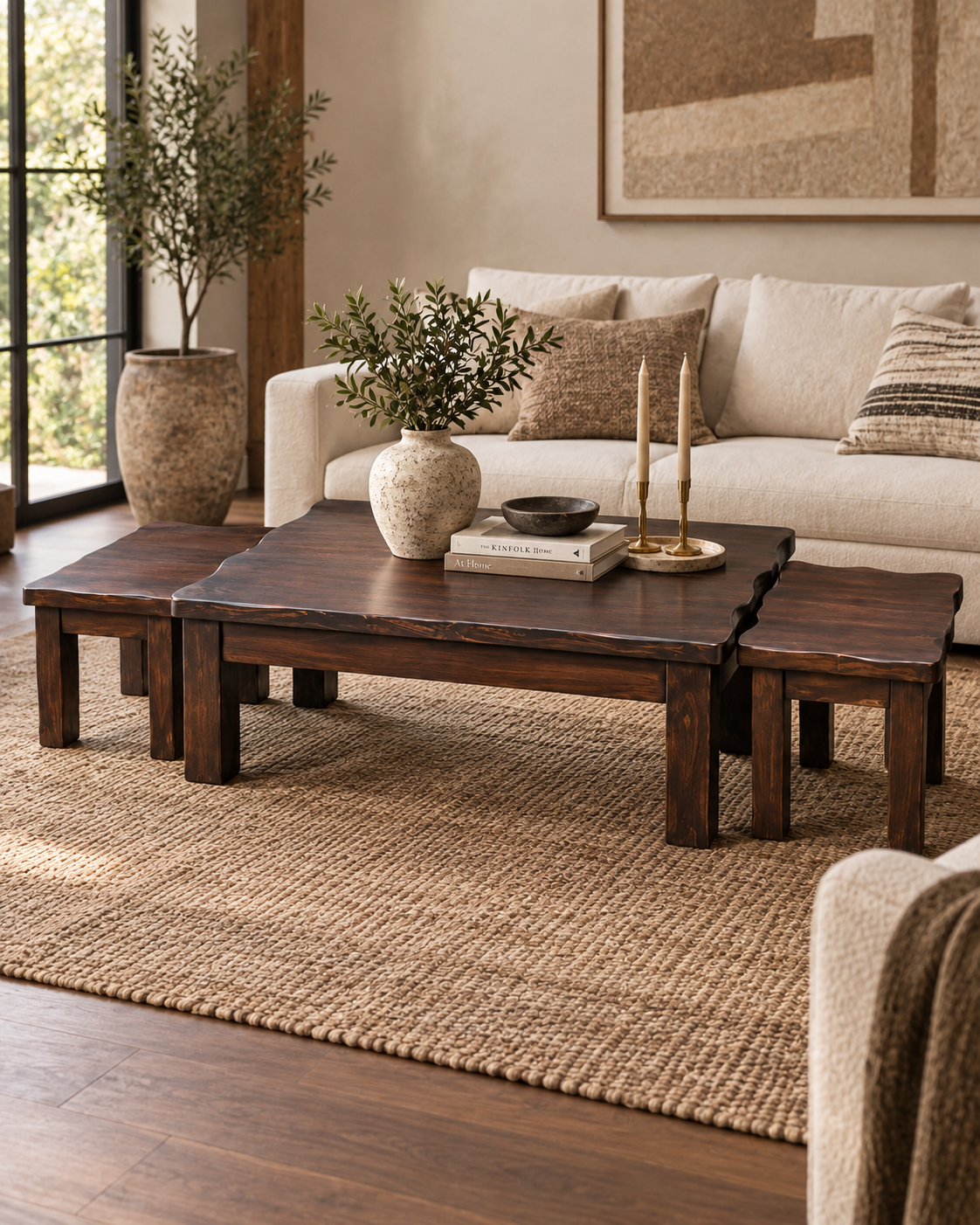 Low dark mahogany coffee table with waved edges and nesting side top, handcrafted in Kenya, on a jute rug by a cream sofa