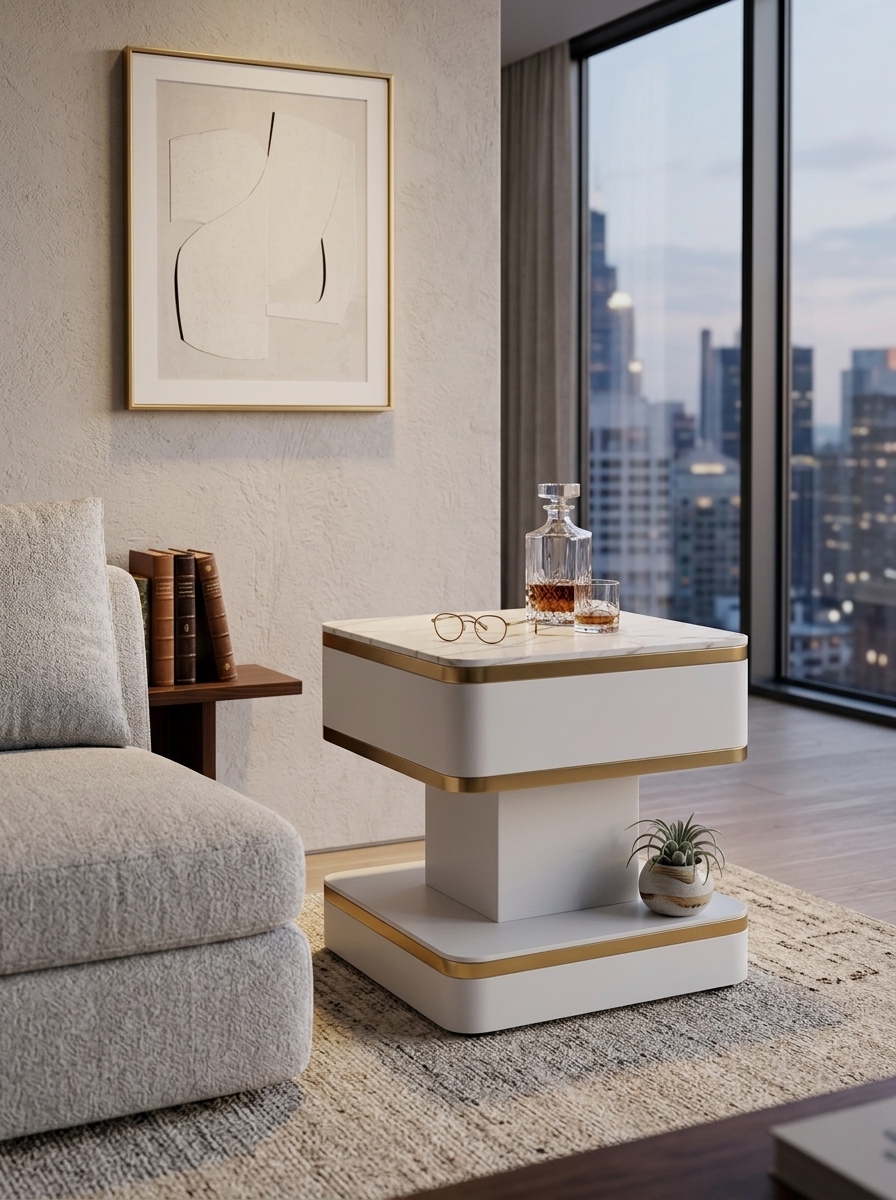 White pedestal side table handcrafted in Kenya, with marble top, gold edge banding and drawer, beside a cream sofa