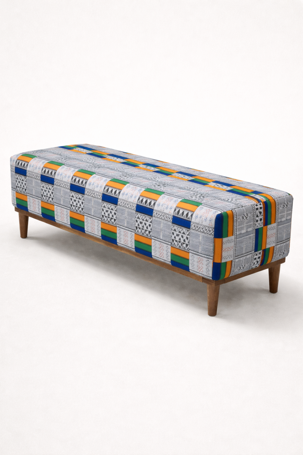 Mbingu Poof Bench, Patchwork Edition — handcrafted African furniture by Cobs Furniture and metal works in Kenya