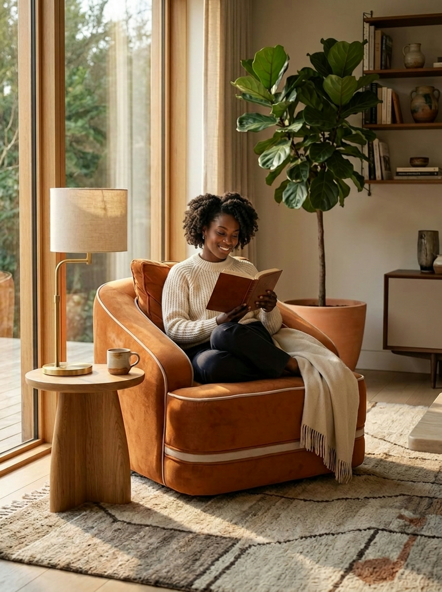 Burnt-orange upholstered armchair handcrafted in Kenya, with rolled arms and cream piping, in a sunlit reading corner