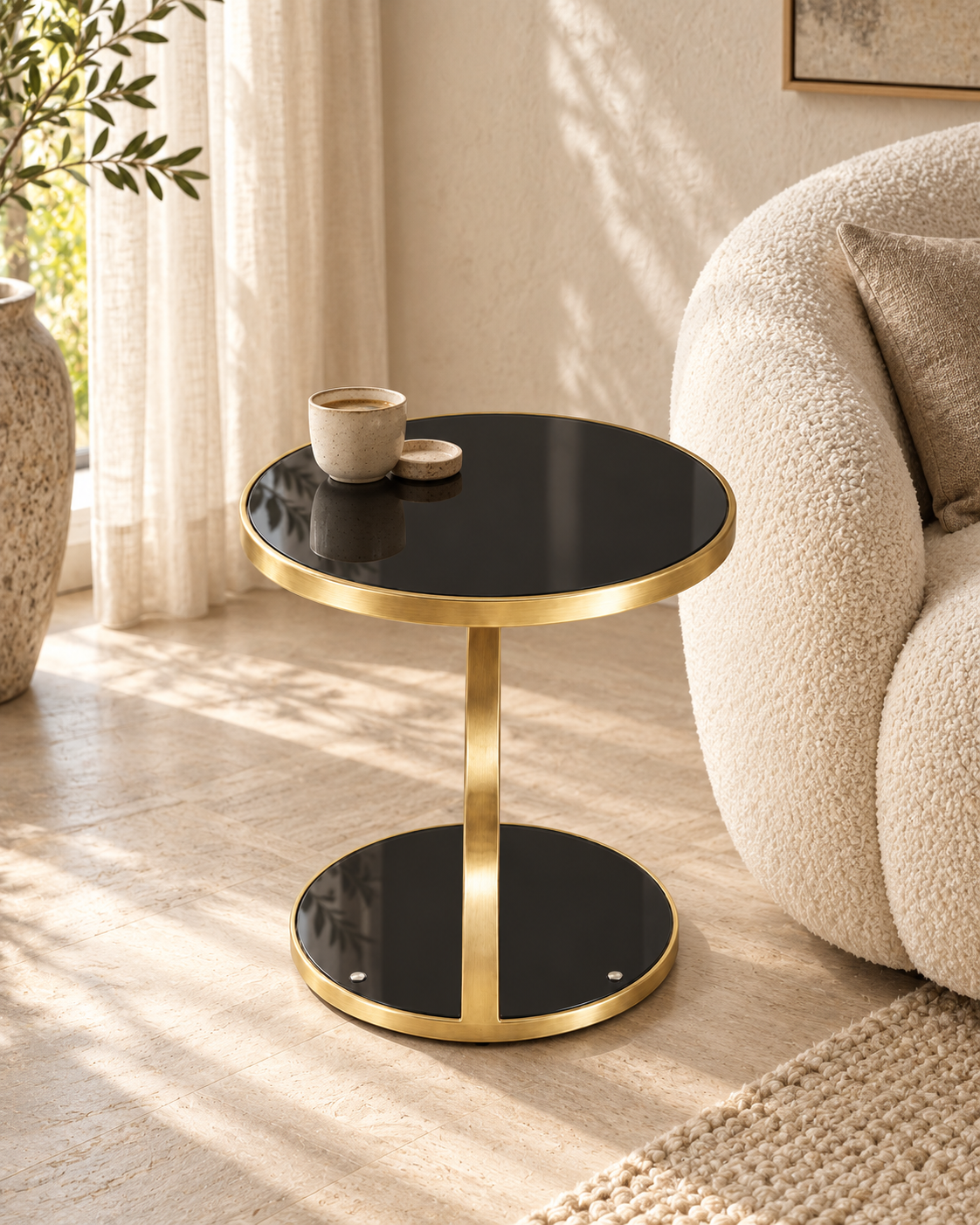 Round two-tier side table handcrafted in Kenya, with dark reflective glass shelves, gold-toned frame, beside a cream bouclé sofa