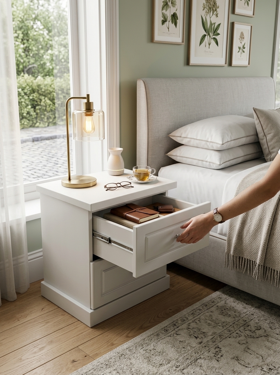 Soft white two-drawer bedside table handcrafted in Kenya, top drawer open beside a bed, brass lamp and teacup on top