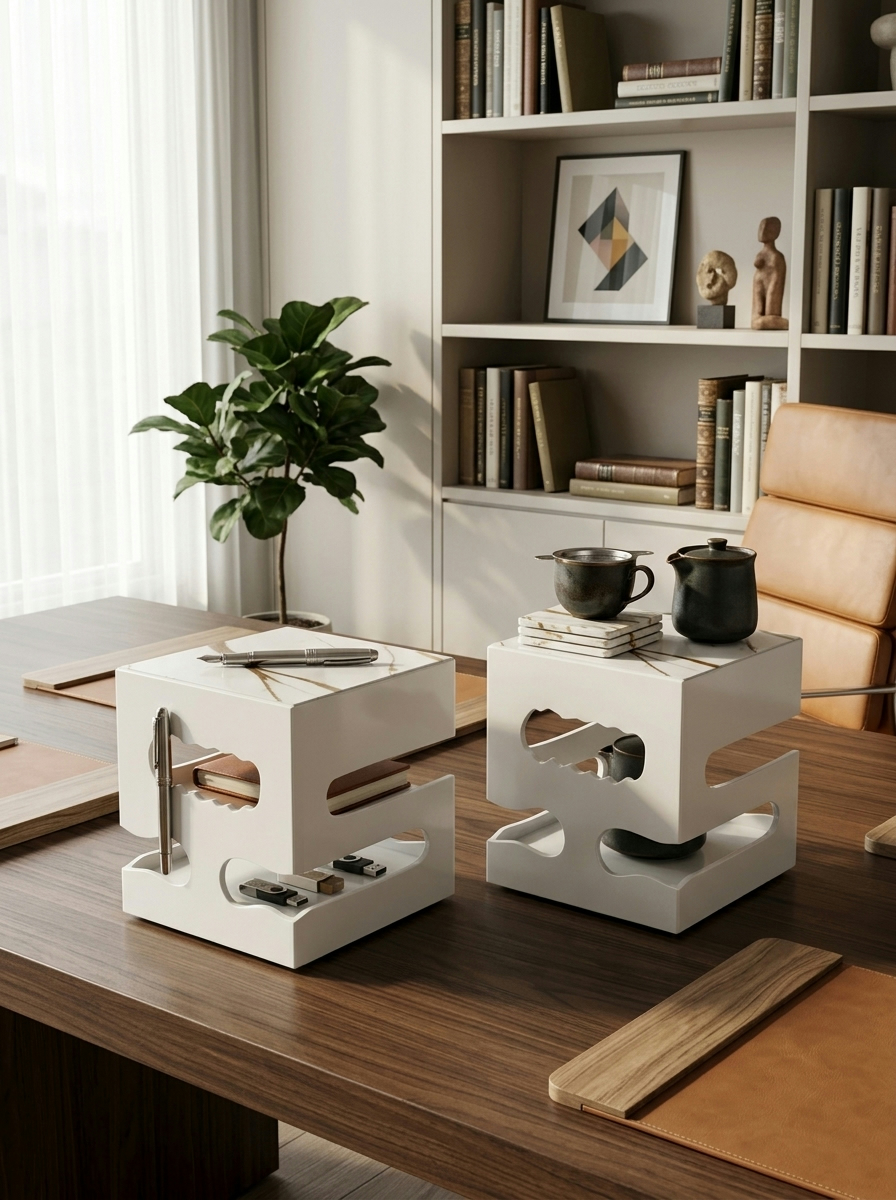 Two off-white storage cubes with curved cut-out openings and marble tops, handmade in Kenya, on a dark wooden desk