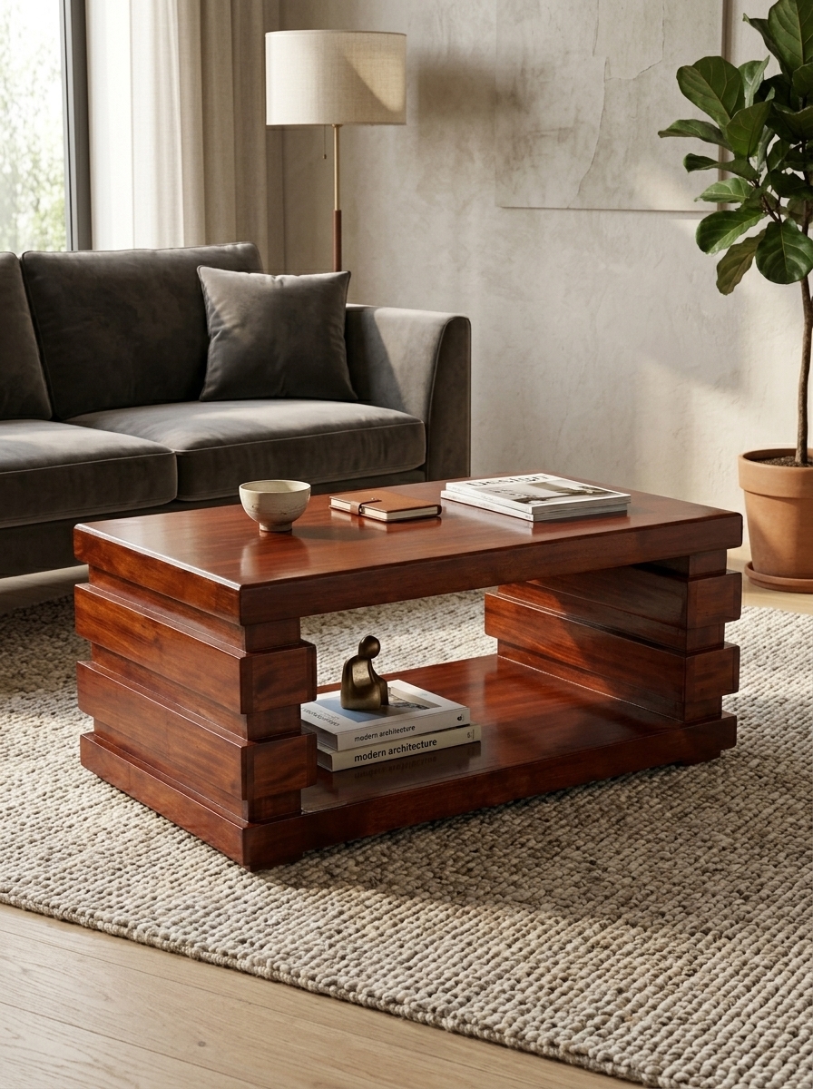 Rectangular reddish-brown wooden coffee table handcrafted in Kenya, with stacked block ends and a lower shelf, on a woven rug