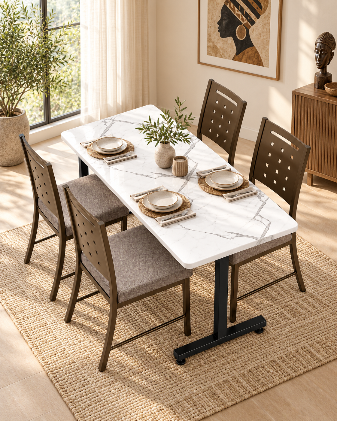 Marble dining table from Kenya with white veined stone top on a matt black trestle base, set with four timber chairs