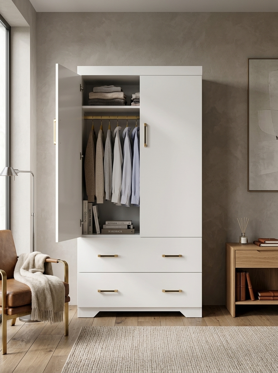 White two-door wardrobe handmade in Kenya, one door open to a shelf and hanging rail, with two brass-pull drawers below