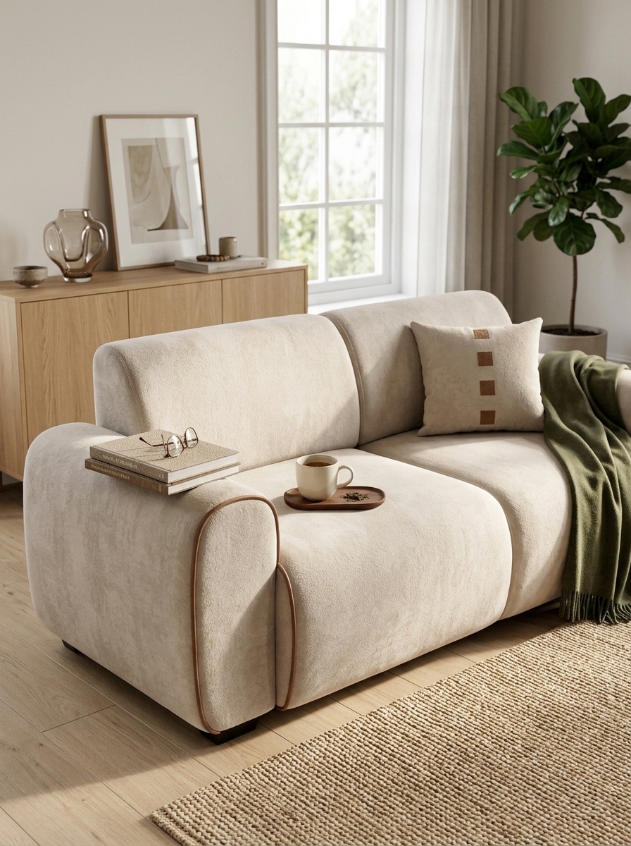 Cream upholstered two-seat sofa handcrafted in Kenya, with rounded arms, tan piping and dark feet on pale wood flooring