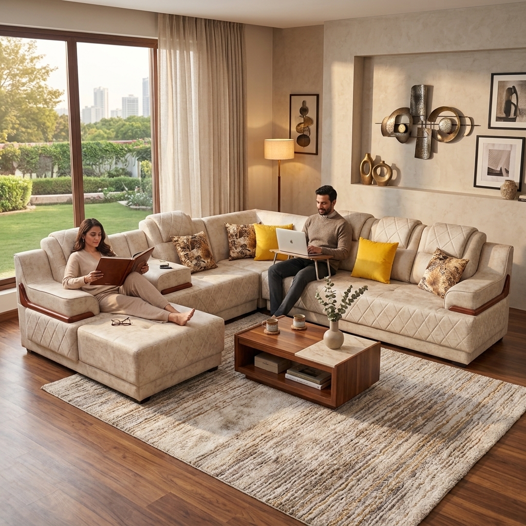 Cream L-shaped sectional sofa handcrafted in Kenya, with diamond-stitched cushions, timber arm caps and yellow accent pillows