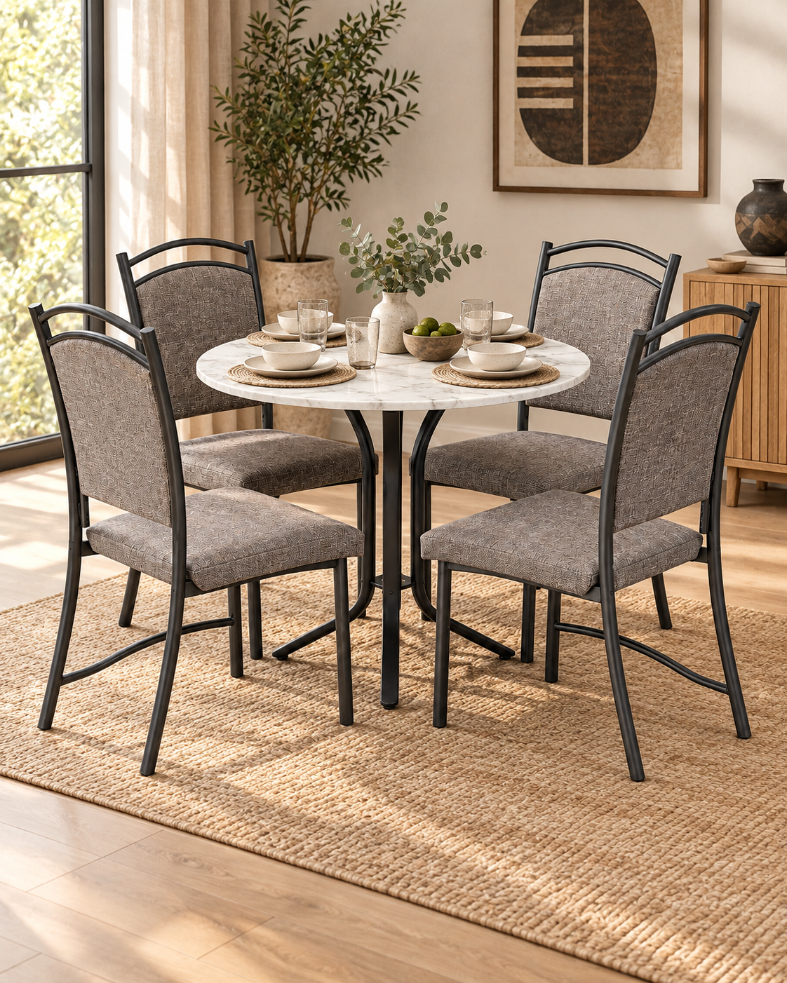 Round marble-topped dining set from Kenya with four black metal chairs in grey woven upholstery, on a jute rug
