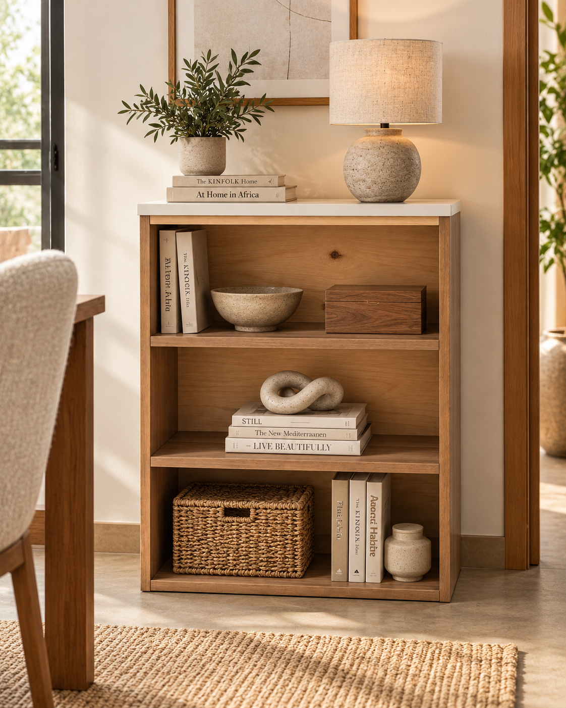 Three-tier wooden bookshelf handcrafted in Kenya, styled with books, a woven basket, ceramic bowl and lamp in sunlight