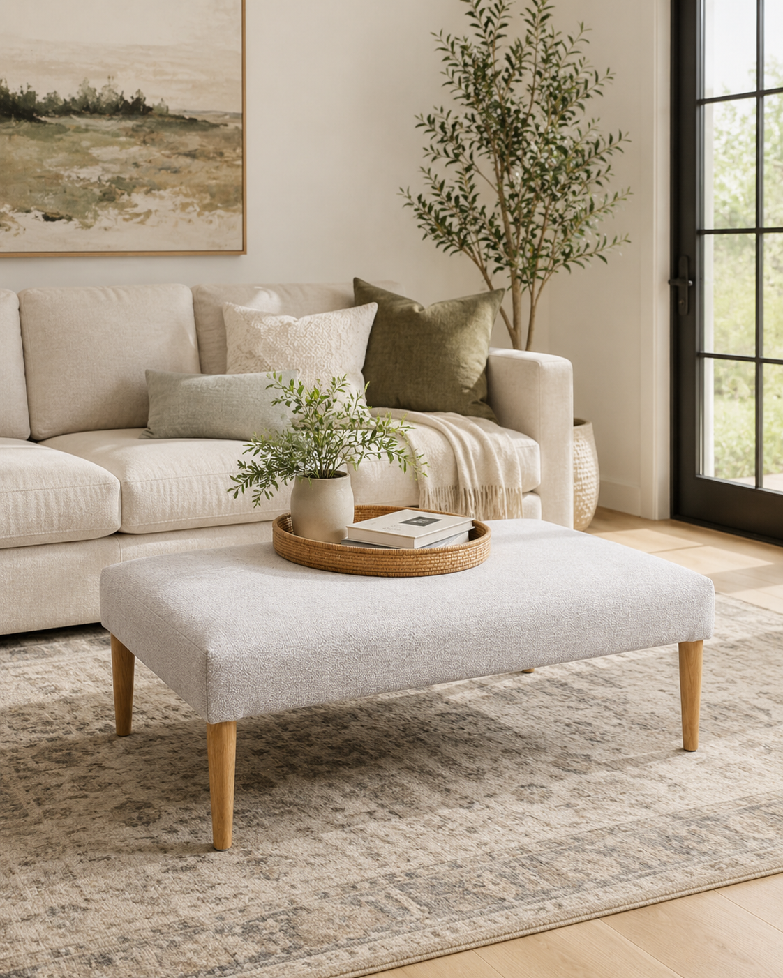 Low pale textured upholstered ottoman bench from Kenya on tapered timber legs, holding a rattan tray on a patterned rug