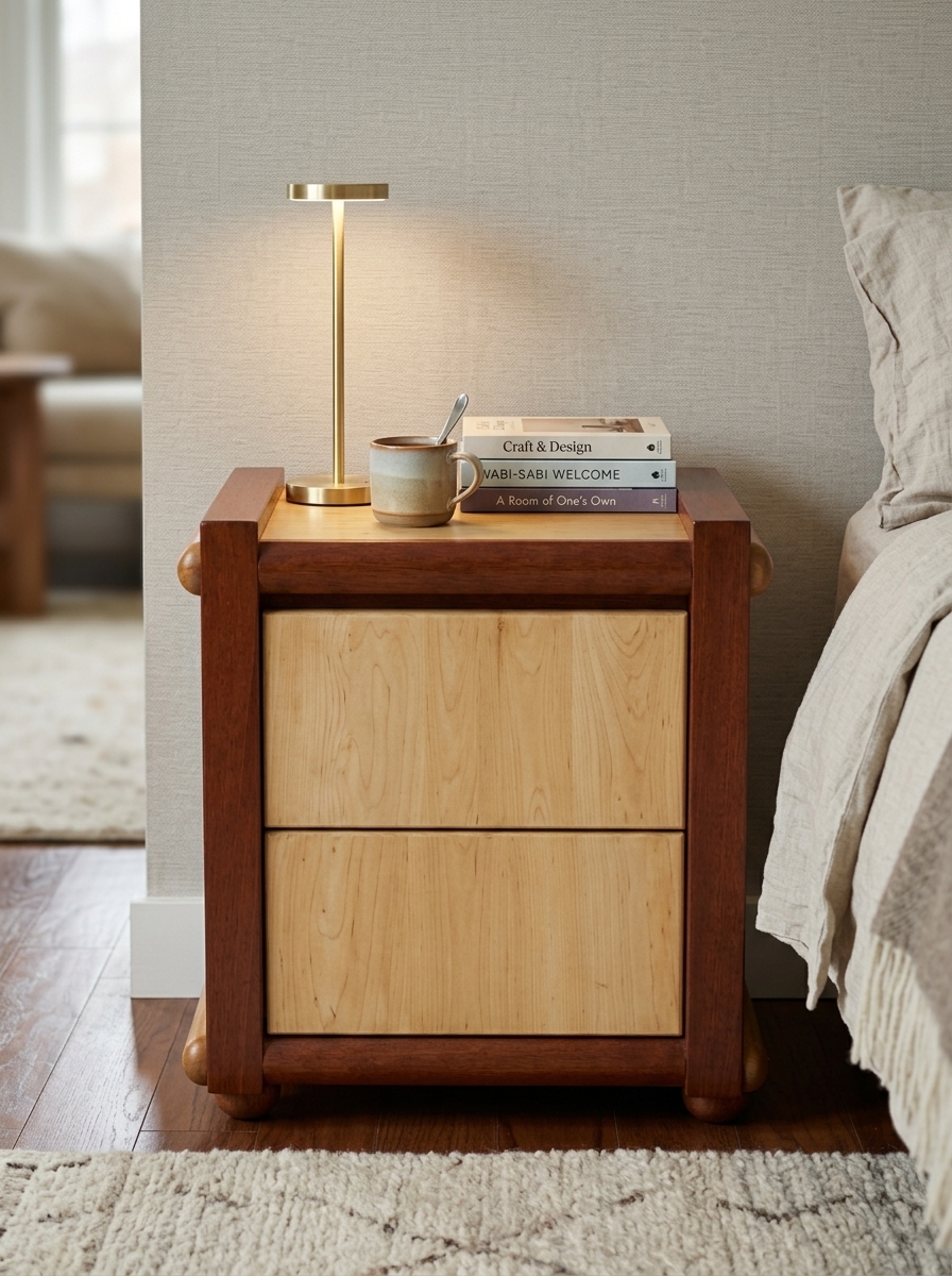 Two-drawer bedside chest of drawers handcrafted in Kenya, dark frame with pale grained drawer fronts and ball feet, beside a linen-dressed bed