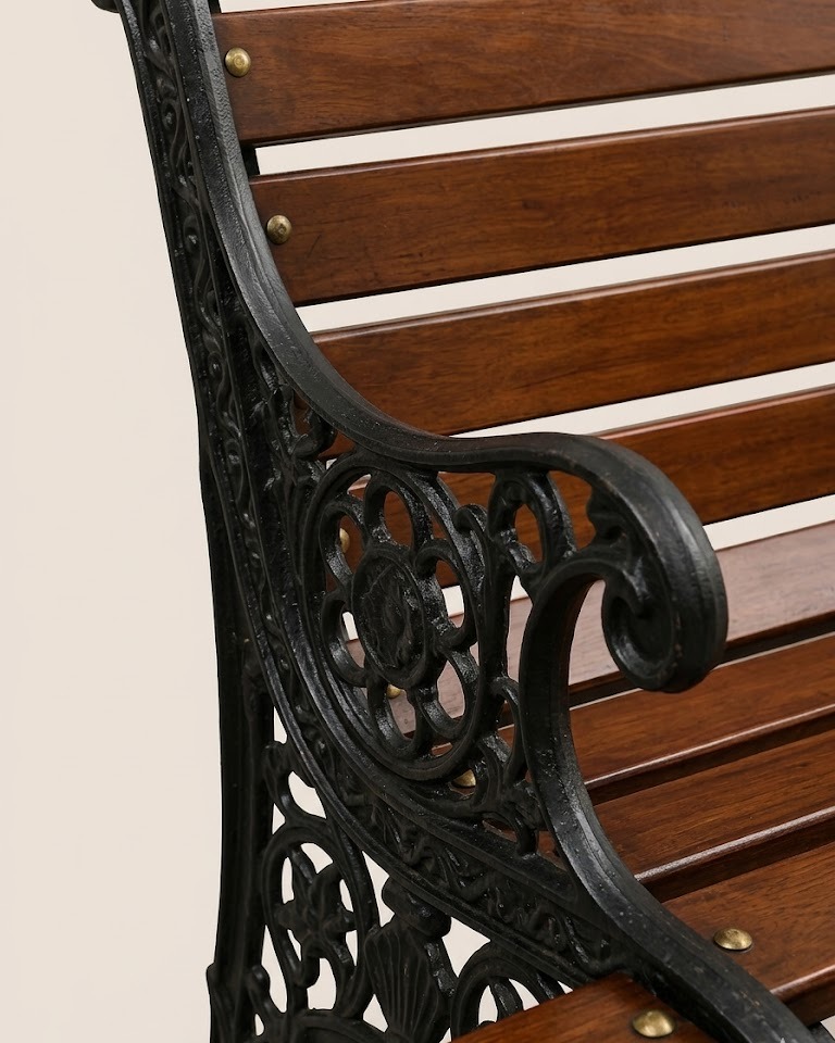 Chechezo Cast Iron & Teak Bench — handcrafted African outdoor by Unique metals sliders in Kenya (view 3)