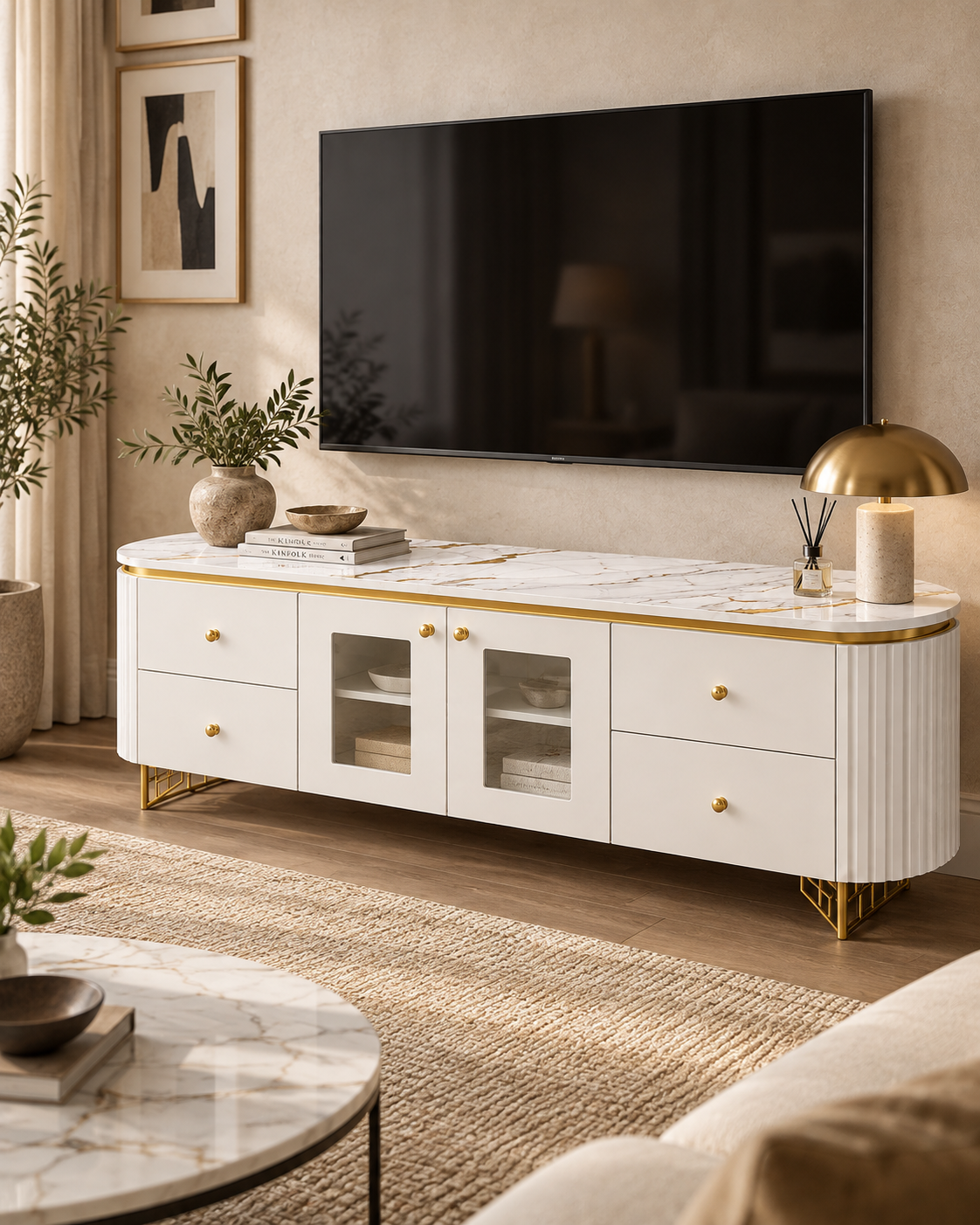 Cream media sideboard from Kenya with veined marble top, gold trim, fluted curved ends and glazed doors, set below a wall-mounted television
