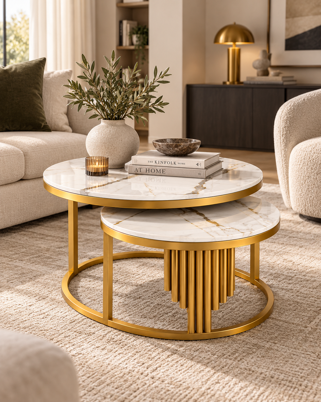 Two round nesting coffee tables from Kenya with white gold-veined marble tops and slim brass-toned metal frames in a neutral living room