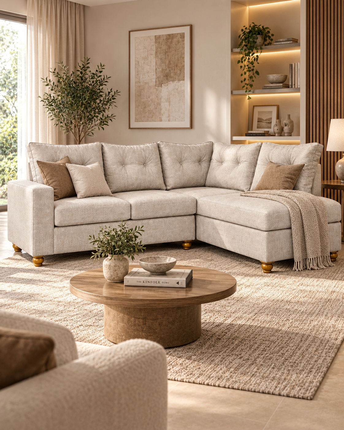 Oatmeal L-shaped corner sofa handmade in Kenya, with buttoned back cushions, chaise end and turned wooden feet in a bright living room