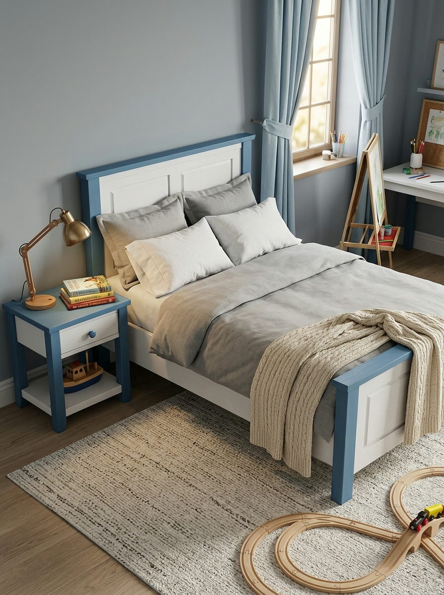 Panelled wooden bed handcrafted in Kenya, painted off-white with muted blue posts and rails, dressed in grey linen bedding