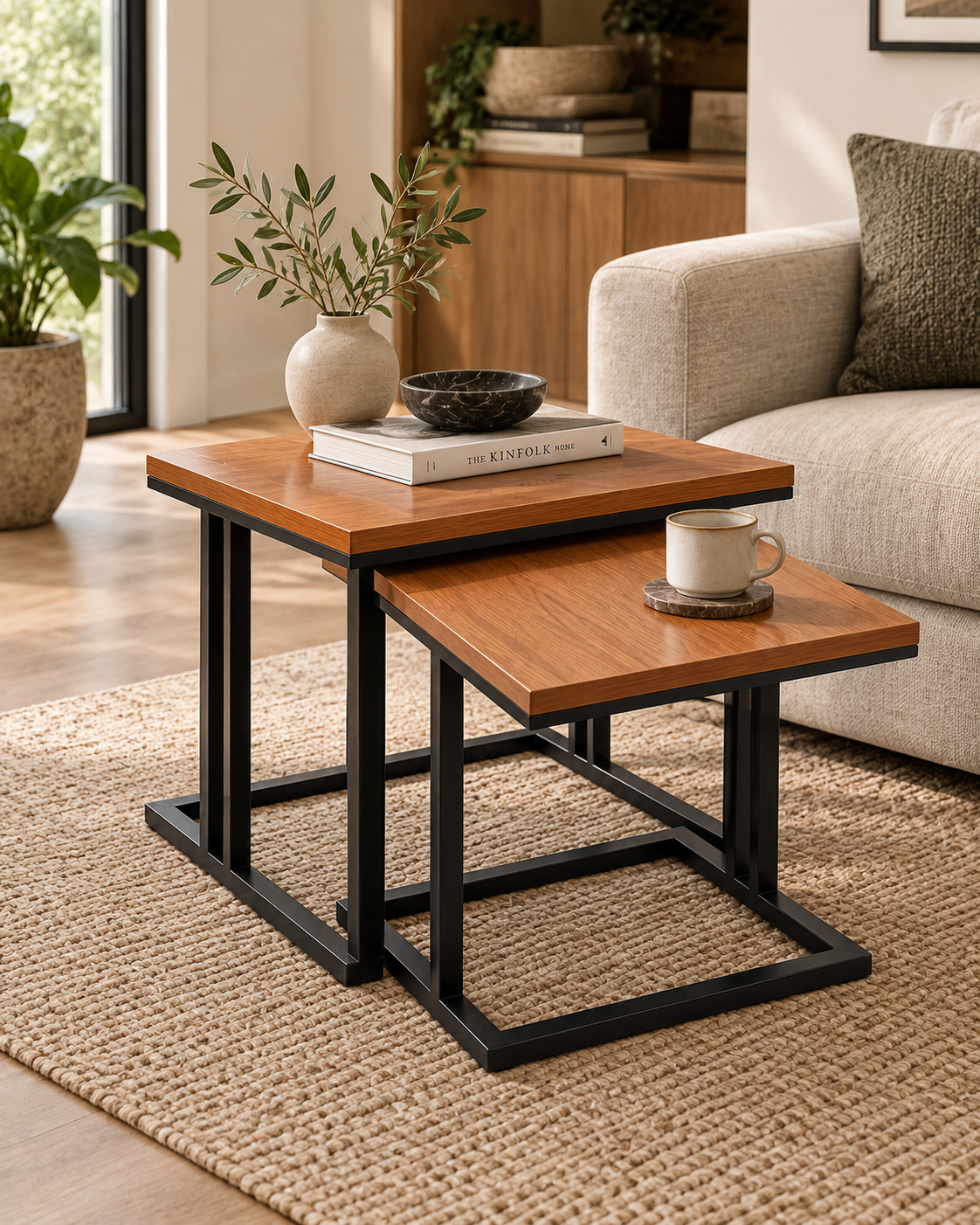 Two nesting tables from Kenya with warm brown rectangular tops and matt black metal frames, styled on a jute rug beside a cream sofa