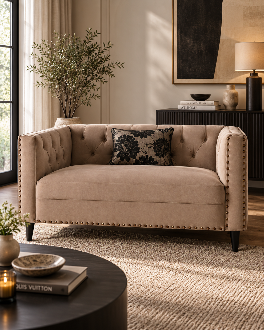 Sand-toned two-seater sofa handcrafted in Kenya, with buttoned back, brass-tone stud trim and dark tapered legs on a woven rug
