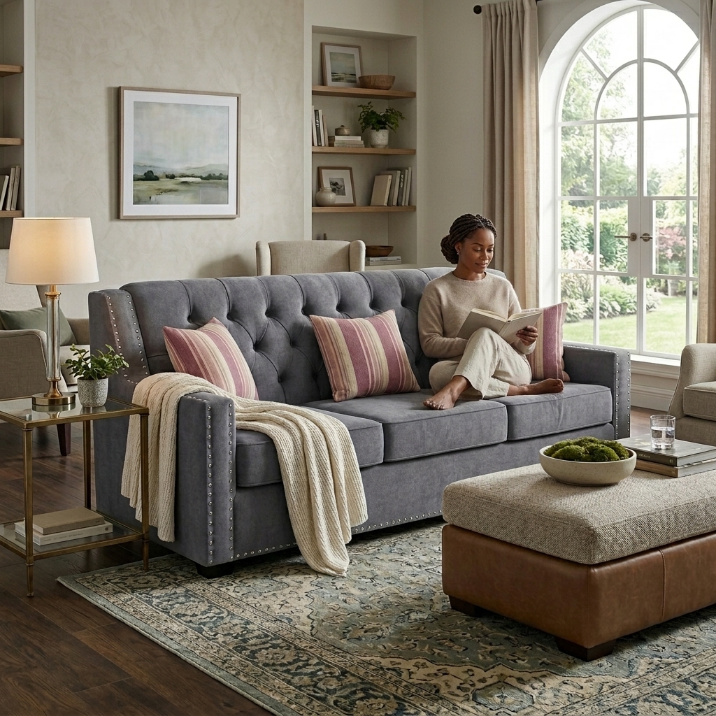 Grey button-tufted three-seater sofa handcrafted in Kenya, with nailhead trim and striped cushions in a bright living room
