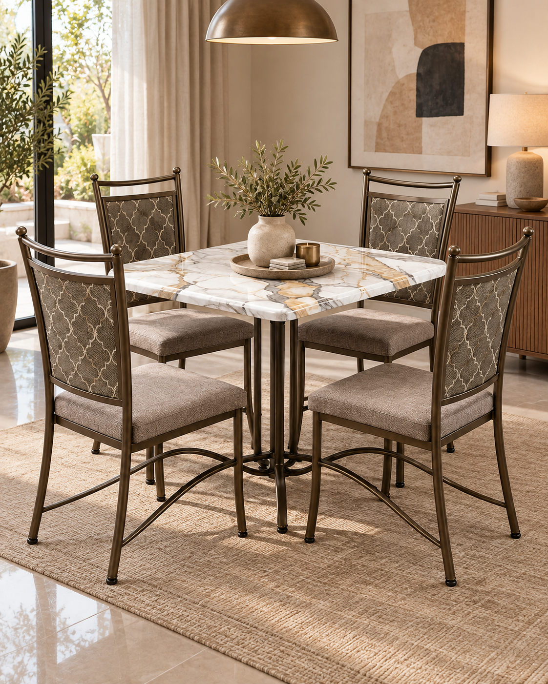 Square marble-top dining table in Kenya with cream and amber veining on a bronzed metal pedestal, four upholstered chairs around it