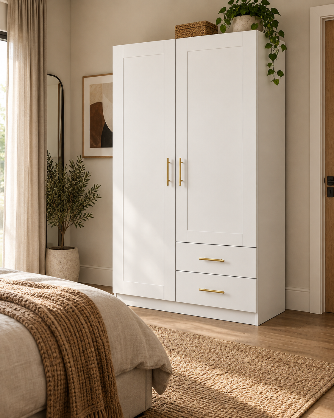 Tall white two-door wardrobe handcrafted in Kenya, with two lower drawers and slim brass-toned pulls, in a bedroom