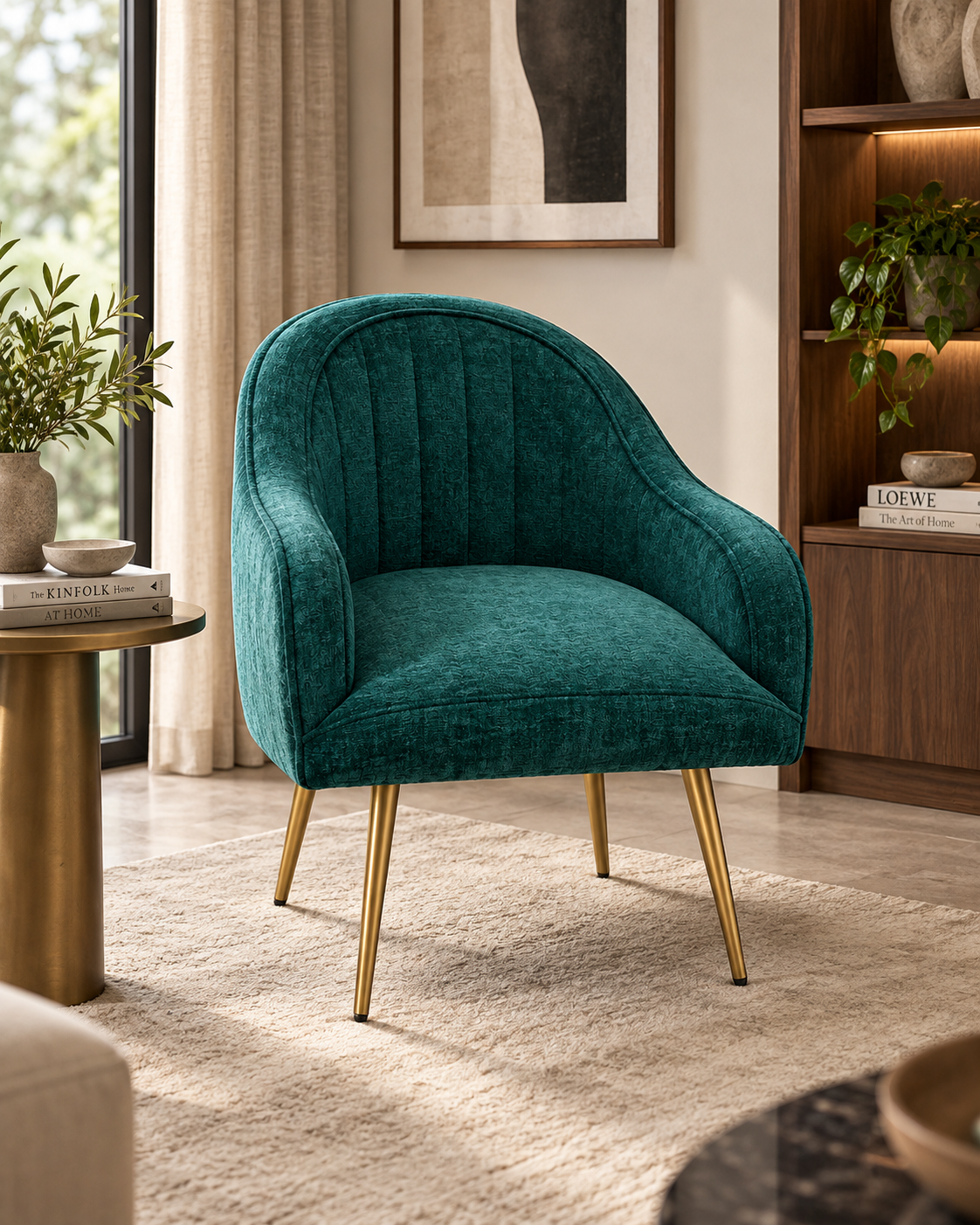 Teal upholstered accent chair handcrafted in Kenya, curved channel-stitched back and tapered gold legs on a cream rug