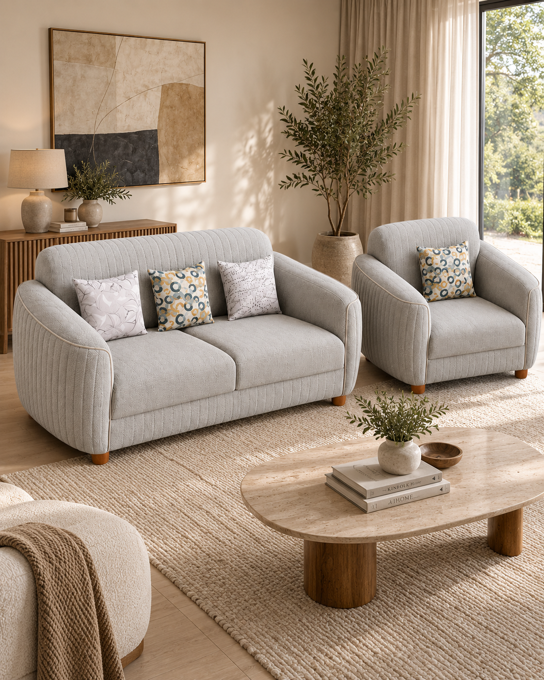 Pale grey channelled two-seater sofa handcrafted in Kenya, with curved arms, rounded timber feet and patterned cushions