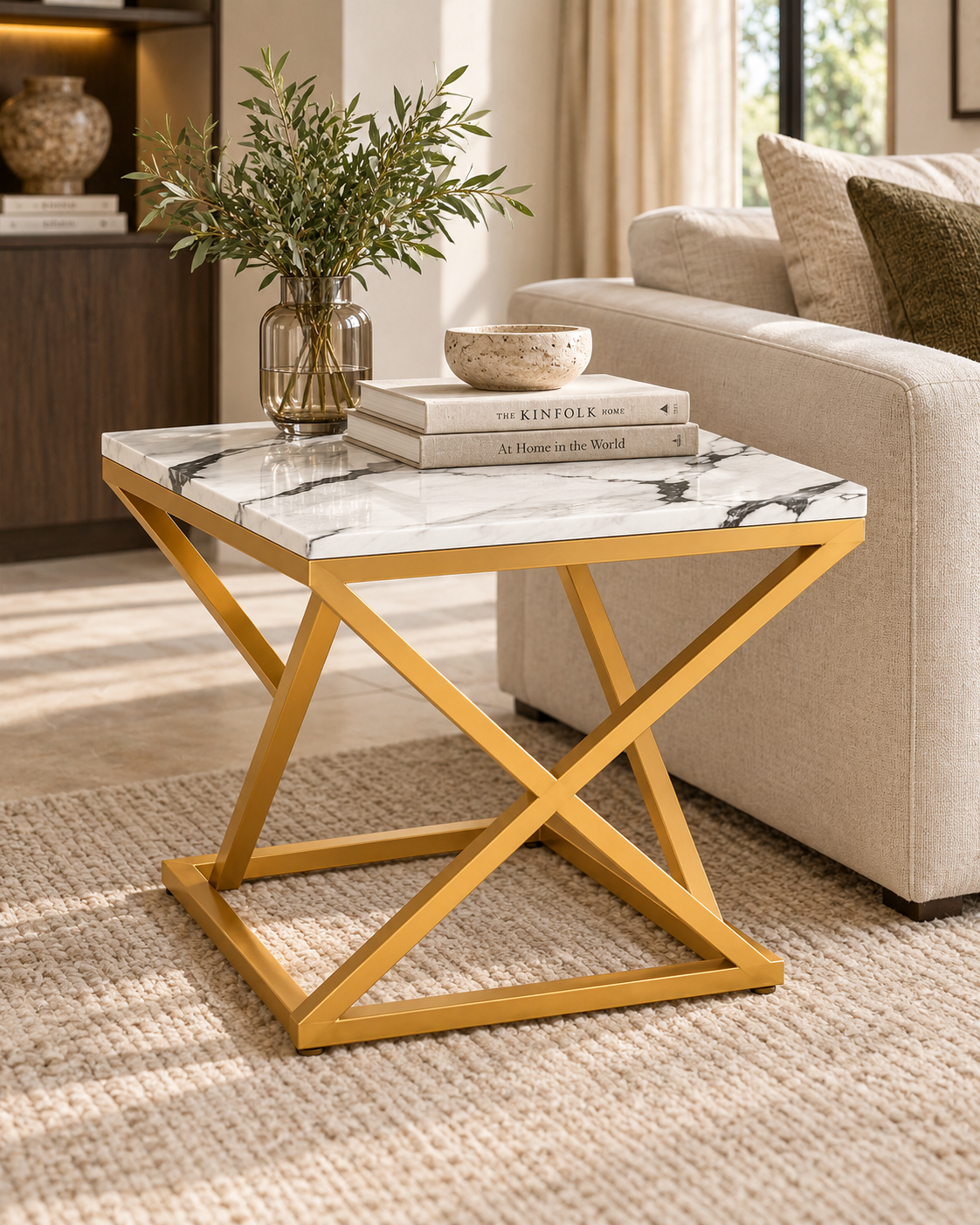 Square white marble side table with grey veining on a crossed gold metal base, handmade in Kenya, beside a cream sofa