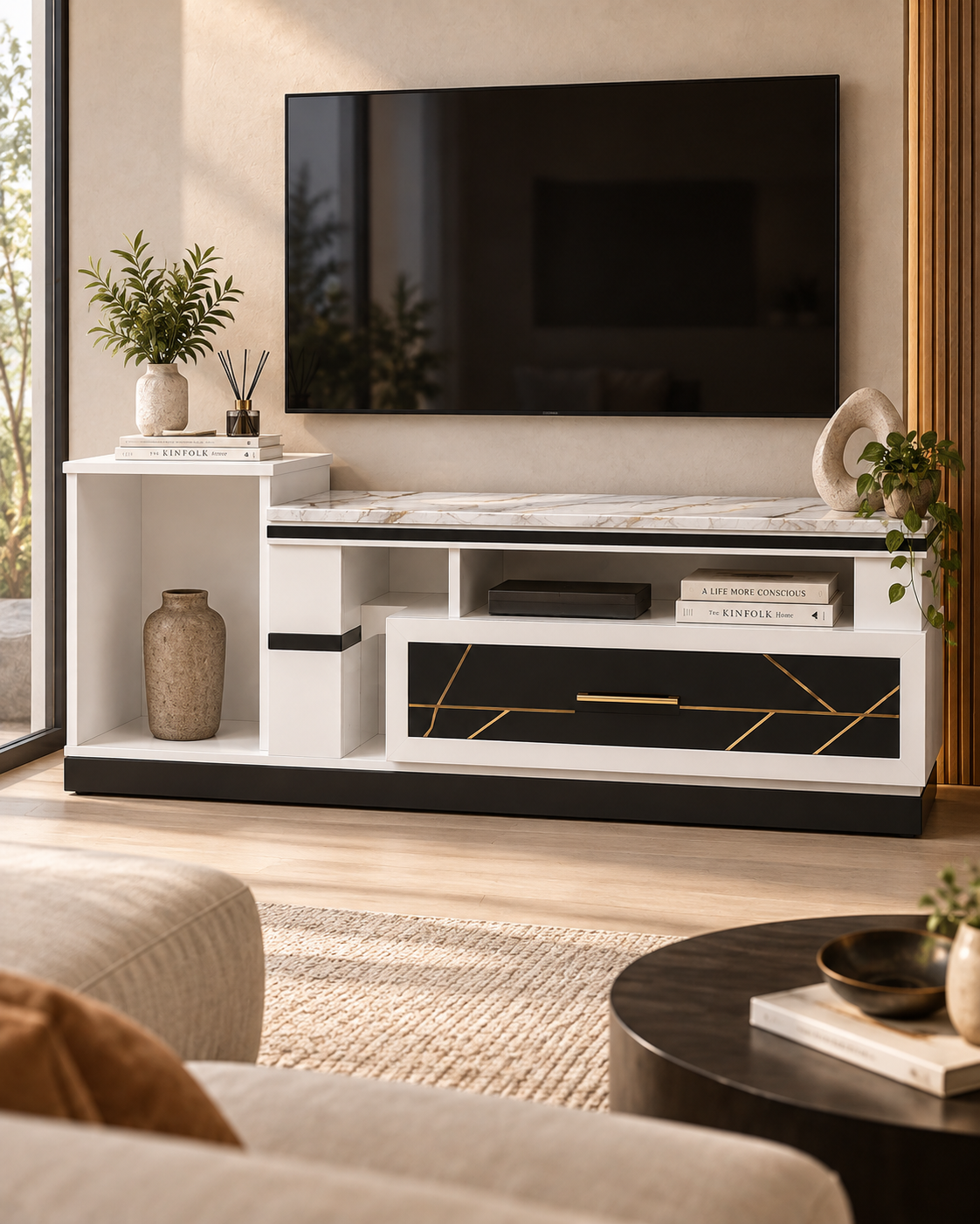 White and black Kenyan sideboard with gold line drawer, open shelves and marbled top, under a wall-mounted TV