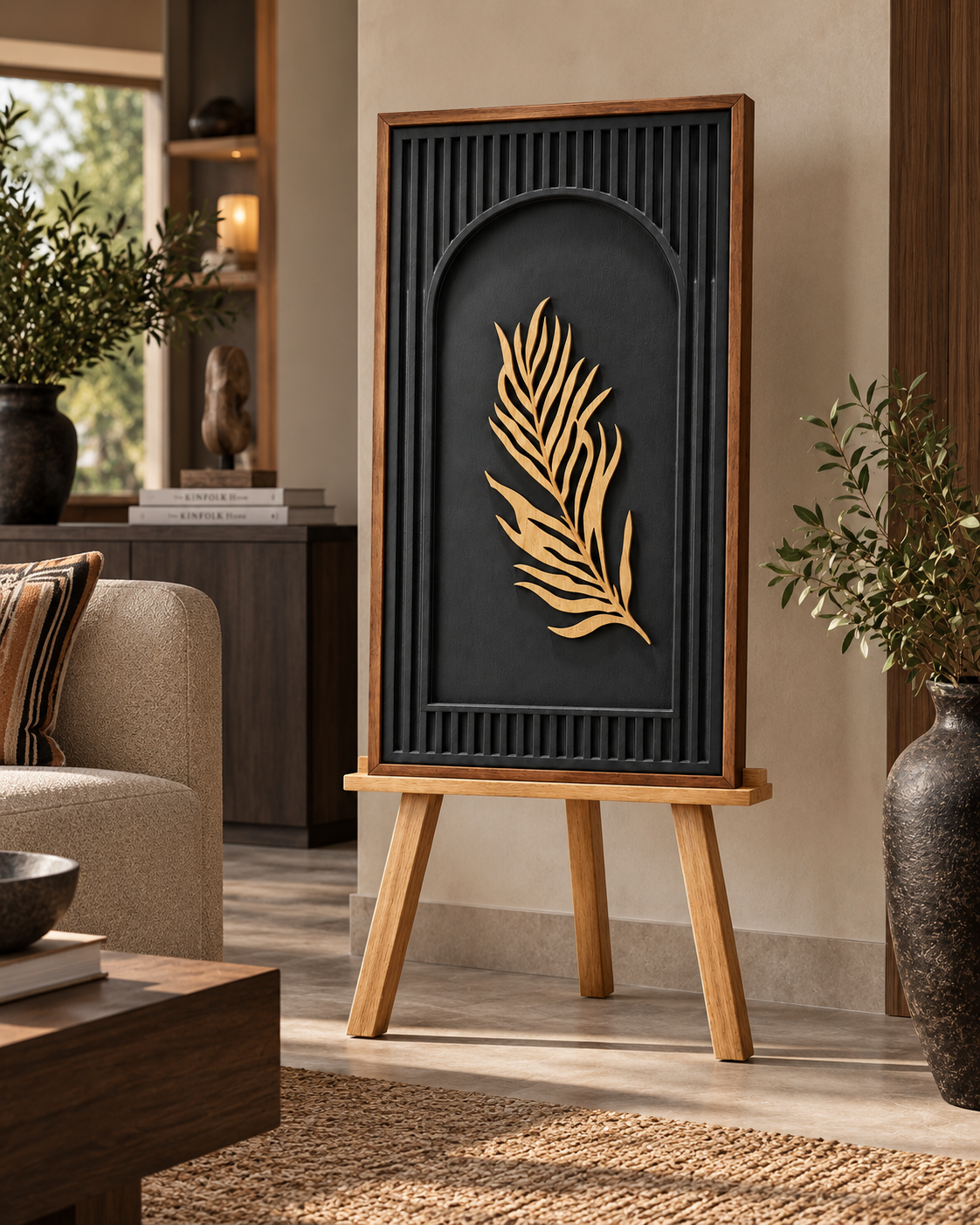 Standing decorative wall panel from Kenya, pale carved frond on a fluted black board in a timber frame on an easel