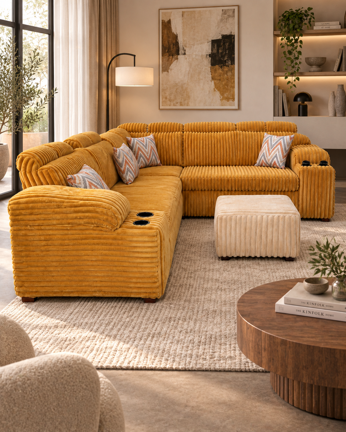 Golden ochre wide-ribbed L-shaped sectional sofa handcrafted in Kenya, with cup-holder arm, cream ottoman and woven rug