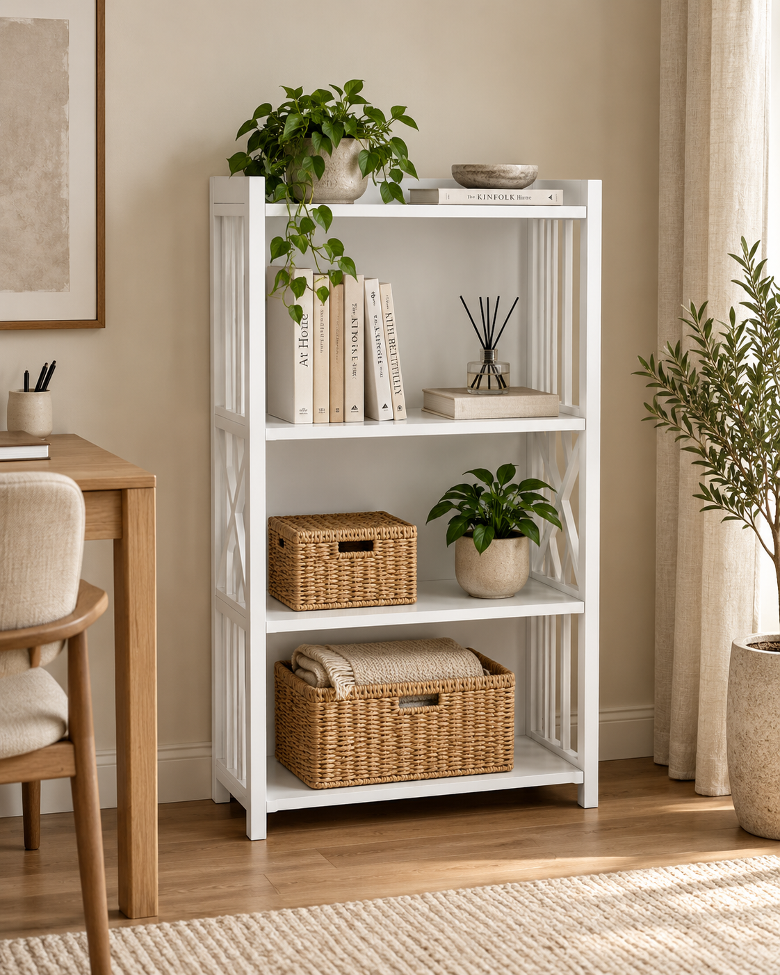 White painted cyprus wood shelf handcrafted in Kenya, four open tiers holding books, plants and woven baskets in a sunlit room