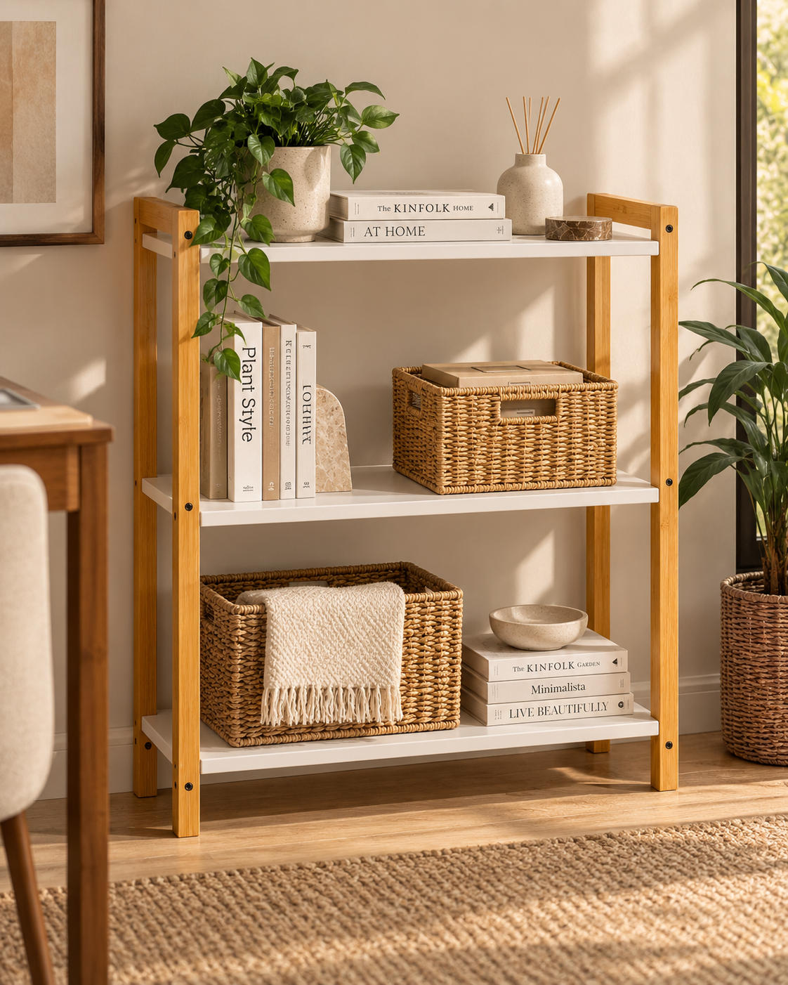 Three-tier shelf handcrafted in Kenya with honey cypress posts and white shelves holding books, woven baskets and a plant