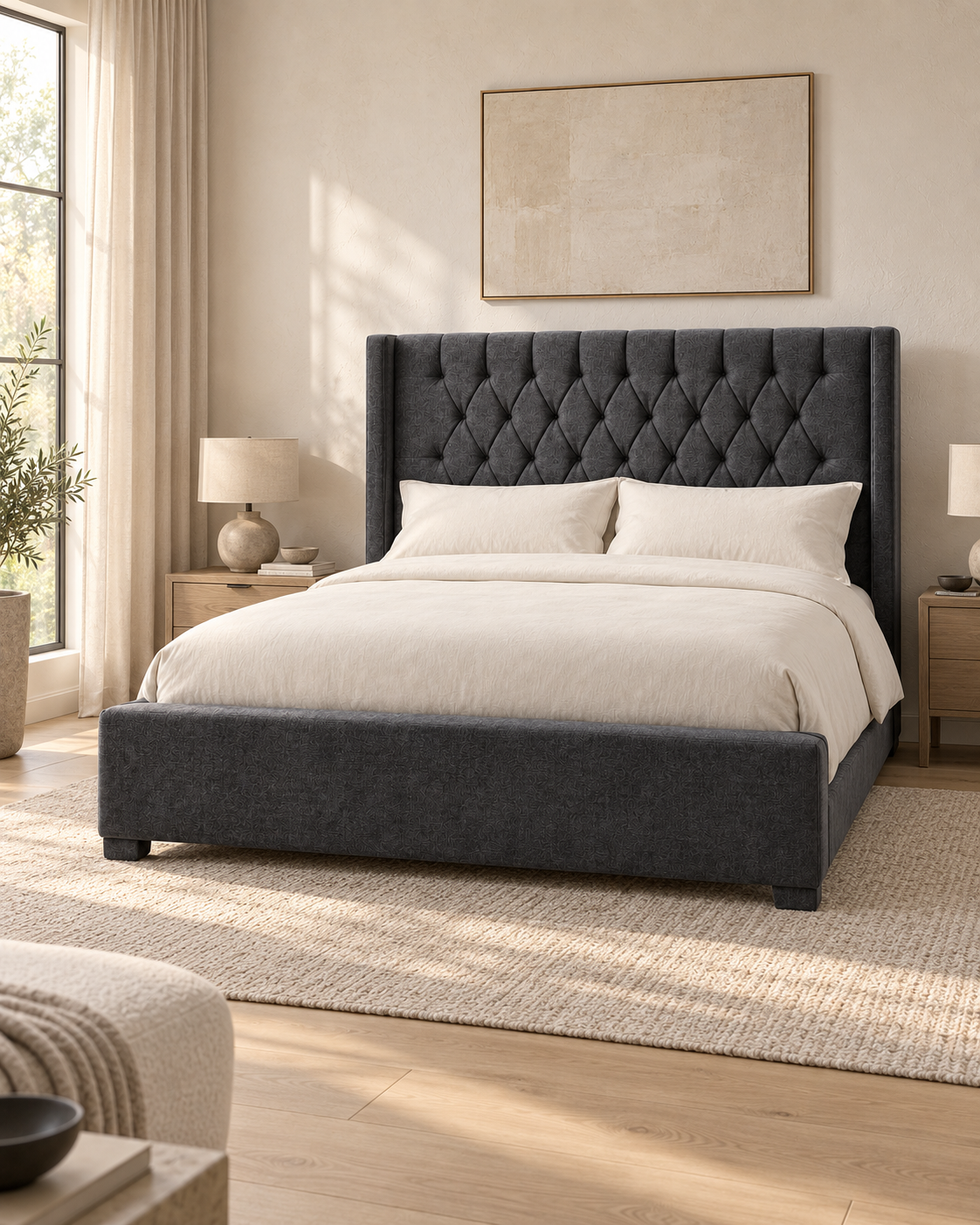 Charcoal grey upholstered bed handcrafted in Kenya, with diamond-buttoned wingback headboard and cream bedding in a sunlit bedroom